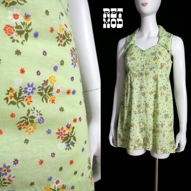 Fantastic Vintage 60s 70s Pastel Green Floral Mini Dress with Large Collar by Byer California 