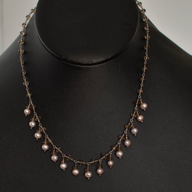 70's sterling pink pearls smoky quartz dainty boho bib, twisted 925 silver wire pearl & quartz ovals necklace 
