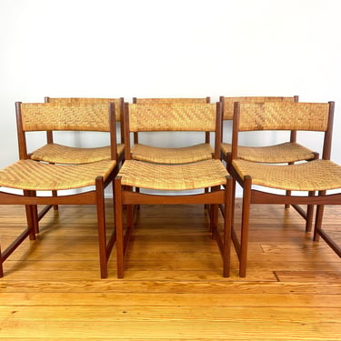 Rare Set of Six Hvidt Molgaard Danish Modern Teak & Cane Dining Chairs 