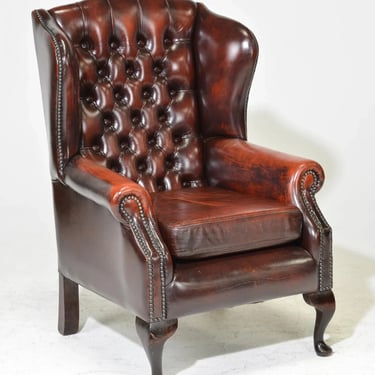 Wingback Arm Chair, British Red Leather Chesterfield , Button Tufted, Nailhead Trim!