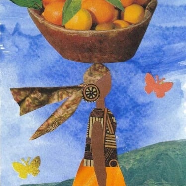 Basket full of oranges. Haiti. Haitian Art. Basket Women. African American. ORIGINAL collage 