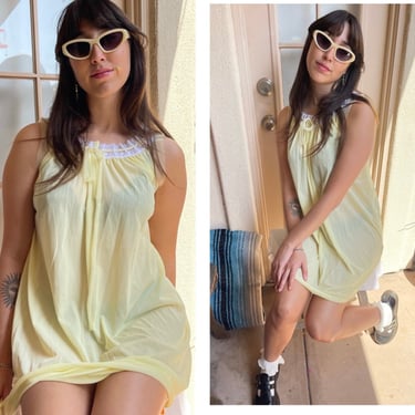 60s 70s Adorable Butter Yellow Sheer Slipdress with adjustable neckline  S M 