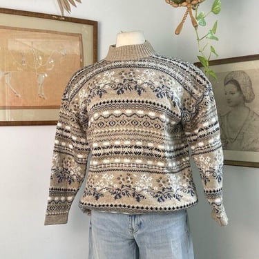 Vintage Navy Blue FAIR ISLE SWEATER For Women- Nordic High Neck Winter Knit Pullover | Cozy Women's Knitwear | Gift Ideas | Gifts For Her 
