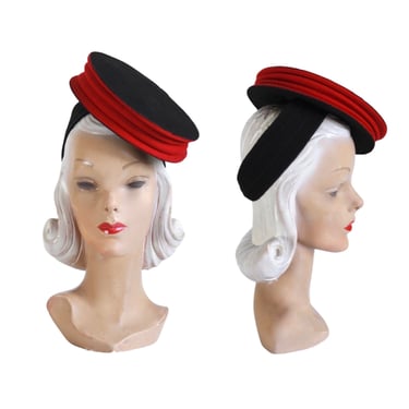 KILLER 1940s Black & Red Accordion Pancake Tilt Hat - 40s Tilt Hat - 40s Pancake Tilt Hat - 40s Red and Black Hat - 40s Saucer Tilt Hat 