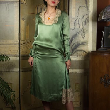 1920s Dress - Luxurious Soft Authentic Antique 20s Dress in Green Silk Satin with Filet Lace Trim and Matching Slip 