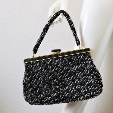 Vintage 1960s Stylecraft Miami Black White Candy Dot Lucite and Beaded Caviar made in Hong Kong Purse Handbag / MCM Mid Century Modern 