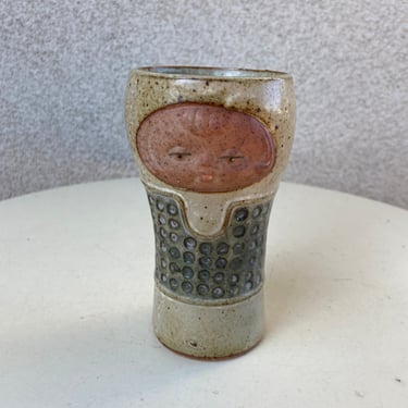 Vintage MCM UCTCI brown taupe blue pottery tumbler mug 3D girl’s face 10 oz  5” x 2.5” 