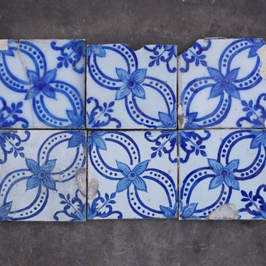 Salvaged Antique 19th Century Persian Blue Pottery Tiles Set of 6 
