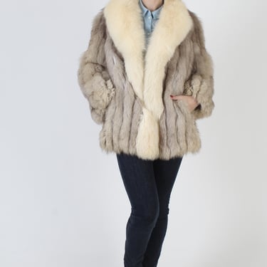 Plush Cream Fox Fur Jacket, Womens Arctic Apres Ski Coat, Chubby Natural Striped Sleeves, Relined Winter Overcoat 