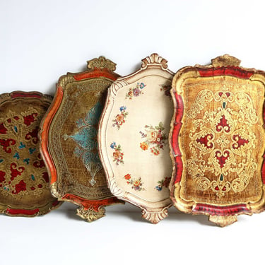 Set of Four Italian Florentine Trays Gilded Florentine Style Serving Trays Hollywood Regency Tray Midcentury Vintage Baroque Style Golden 