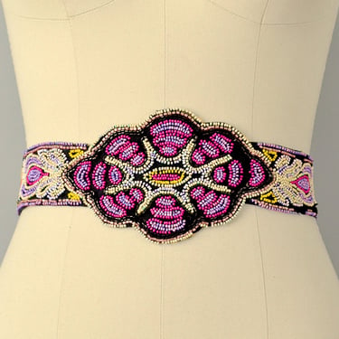 20s Belt // 1920’s Hand-Beaded Black Wool Felt and Net Belt // One Size 