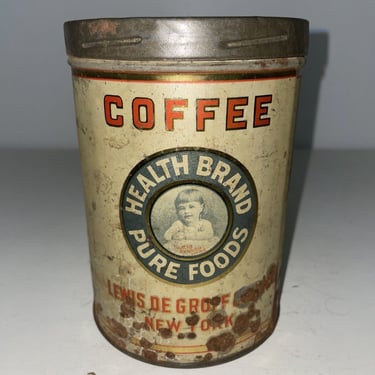 Health Brand Coffee Tin Litho Label 1lb Lewis DeGroff & Son New York, Vintage collectible tins, coffee can, vintage kitchen decor 