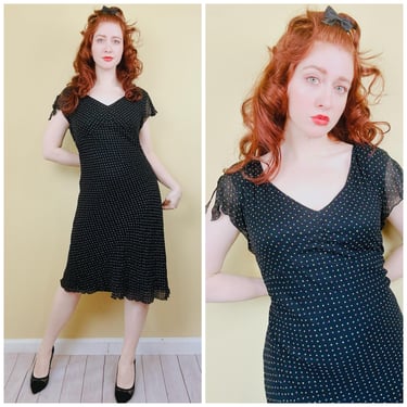 1990s Vintage Live a Little Rayon Polkadot Dress / 90s Flutter Sleeve Bias Cut Rainbow Dot Midi / Size XL 