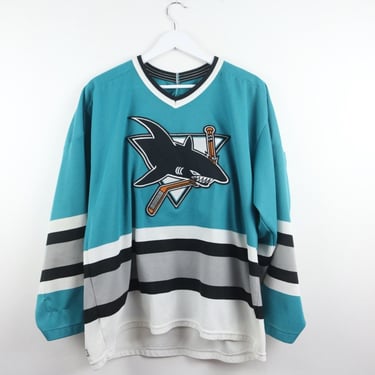 vintage 1990s SAN Jose SHARKS vintage HOCKEY turquoise teal oversize 90s hockey jersey -- size large -- made in the U.S.A. 