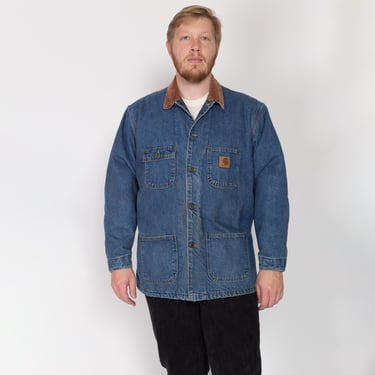 XL 90s Carhartt Denim Blanket Lined Chore Coat | Vintage Union Made In USA Corduroy Collar Workwear Jean Jacket 