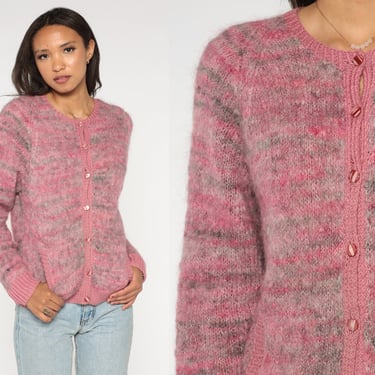 Space Dye Cardigan 80s Pink Mohair Button Up Knit Sweater Bohemian Knitwear Retro Boho Hippie Vintage 1980s Small S 