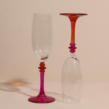 Vintage Champagne Flutes with Colored Stems, Vintage Stemware, Set 2 Cristalleria Fumo Champagne Flutes 