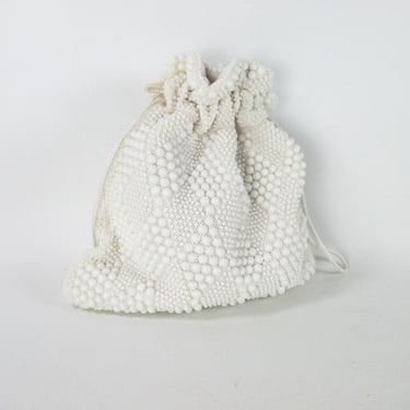 Vintage Candy Dot Purse Lumured Cordé Beaded Bag 1950s Drawstring Pouch Purse Small White Satchel Mid Century Top Handle Bag Hong Kong 