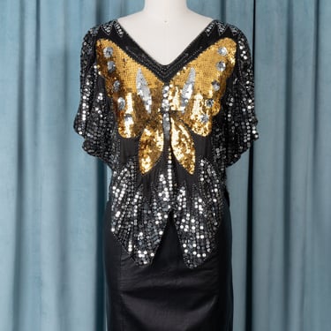 Gorgeous 1970s Silk Sequin Butterfly Top in Gold, Silver, and Black 
