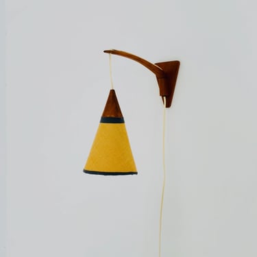 Mid century teak wall lamp with fabric shade by E. R. Nele for Temde, 1960s 