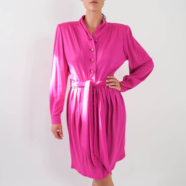 Vintage 80s Ungaro Parallele Paris Fuchsia Broad Shoulder Power Belted Dress w/ Pearlescent Buttons | Made in Italy | 1980s Designer Dress 