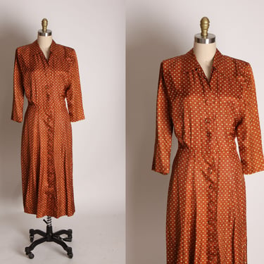 1940s Brown and Tan Novelty Picture Frame Style Geometric Shape Print Long Sleeve Button Up Front Dress by Ascot Casuals, LTD. -M 
