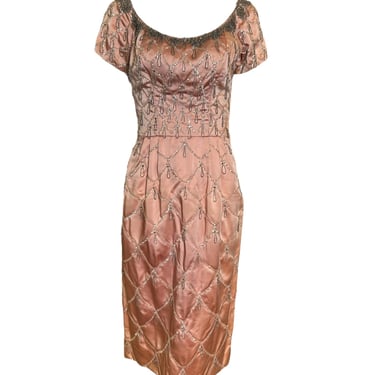 Ceil Chapman 1950s Coral Pink Beaded Dress