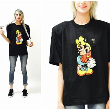 Vintage Sequin Shirt Black Tee Shirt with Minnie Mouse Sequin Patch Disney Comic Medium Large By Jeanette for St martin Mickey Mouse Disney 