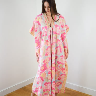 Vintage Floral Print Cotton Caftan Dress | OS | 1970s/1980s Kaftan with Pink Floral Design 