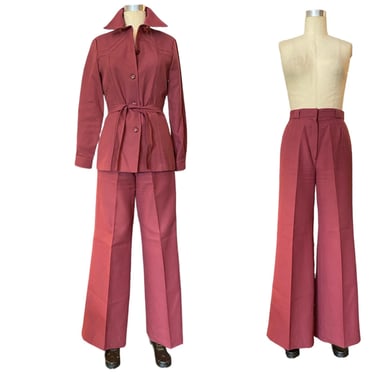 1970s polyester pantsuit, 3 piece set, vintage panther suit, high wiast pants, belted jacket, a-line skirt, flare 