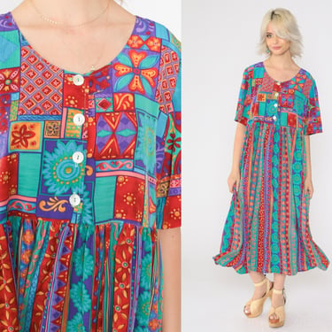 90s Geometric Button up Dress Midi Dress Red Turquoise Purple Striped Abstract Floral Print Short Sleeve High Waist Vintage 1990s Medium 