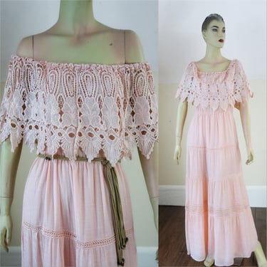 Dreamy crochet off the shoulder maxi dress vintage blush or shell pink, bohemian gunne style lace full length size large volup 
