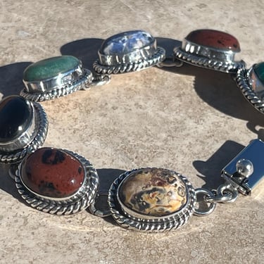 Mexican Sterling Silver and Polished Multi Stone Oval Link Bracelet - 41 Grams 