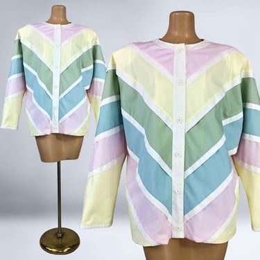 VINTAGE 80s Marguerite Rubel Pastel Rainbow Color Block Chevron Jacket Size 16 | 1980s Lightweight Patchwork Quilted Coat Plus Volup | vfg 