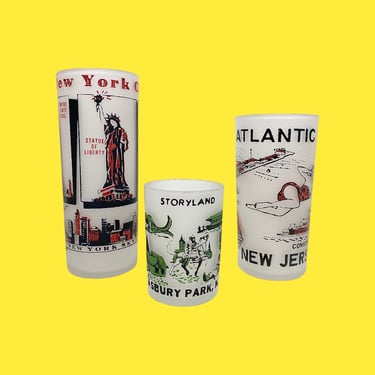 Vintage Drinking Glasses Retro 1950s Mid Century + Hazel Atlas + Frosted + Set of 3 + NYC Skyline + Atlantic City NJ + Storyland Asbury Park 
