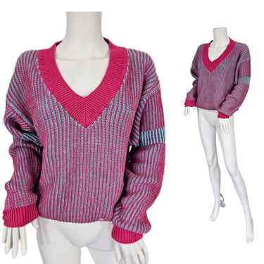 Cacharel 1980's Pink Blue Striped Ribbed Slouchy Pullover Sweater I Sz Med 
