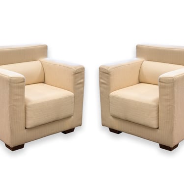 Pair of Contemporary Cream Cube Club Accent Chairs with Wood Legs 
