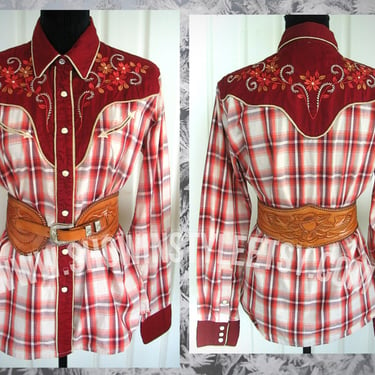 Panhandle Slim Vintage Retro Women's Cowgirl Western Shirt, Red &amp; White Plaid with Floral Embroidery, Tag Size Large (see meas. photo) 