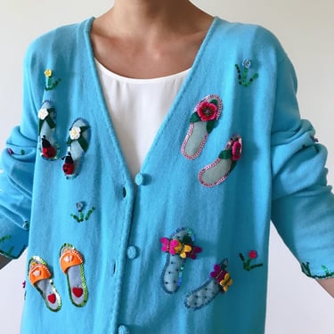 vintage sweater vintage cardigan blue turquoise beaded flip flop embroidered floral ramie cotton plus size long cardigan size L 