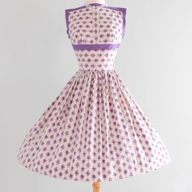 Charming 1950's Romantic Violet Rose Print Cotton Sundress By Teena Paige / Sz S