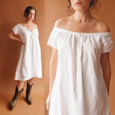 Vintage 20s Off The Shoulder White Cotton Dress/ 1920s Nightgown/ Size Medium 