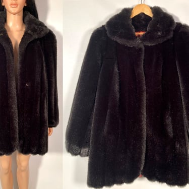 Vintage 80s Jordache Black Faux Mink Fur Coat Made In USA Size L 