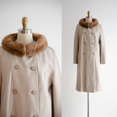 beige wool coat 50s 60s vintage mink fur collar heavy warm overcoat 