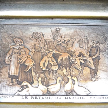 Antique 1861 French Le Retour de Marche by Deyrolle, Antique Engraved Silver Plate on Copper Tray by R Wicker 