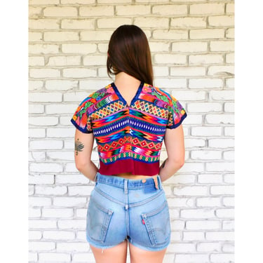 Hand Embroidered Huipil Blouse // vintage cotton boho hippie Mexican embroidered dress hippy rainbow // XS/S 