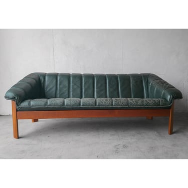 Teak and Green Leather Danish Sofa by Hjellegjerde 
