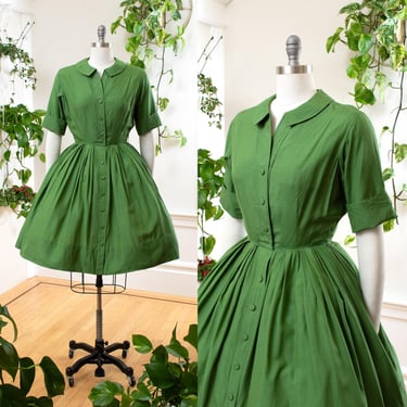 Vintage 1950s Shirt Dress | 50s ALFRED SHAHEEN Green Silk Shirtwaist Fit Flare Full Skirt Button Down Day Dress | small 