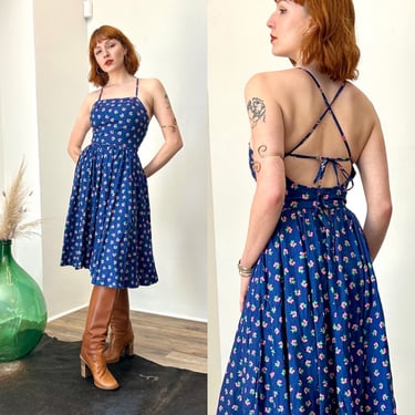 Vintage 1980s Dress / 80s Lanz Originals Cherry Print Dress / Blue Pink ( S ) 