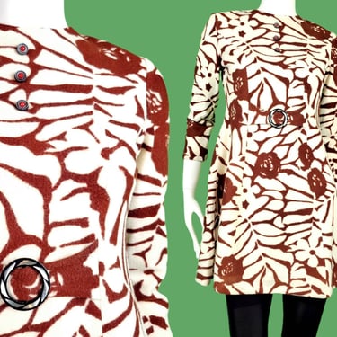 60s mod fuzzy mini dress. Large brown abstract flowers. Go-go dress. 60s fall fashion. (XS) 