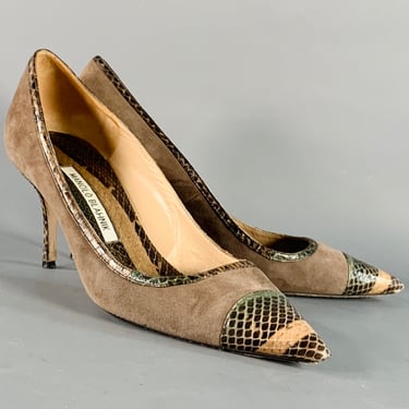 MANOLO BLAHNIK Size 8 Tan Brown Suede Snakeskin Cap Toe Pumps